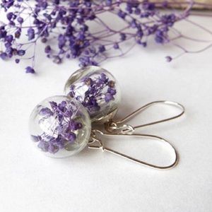 Silver Real Dandelion purple gypsophila Earrings